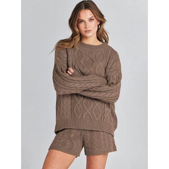 Women Brown 2 Piece Outfits Sweater Lounge Loungewear Sets Fall Cable Knit Sets - Picture 3 of 8
